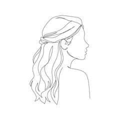 Continous line art woman side face  long wavy hair partially tucked behind ear