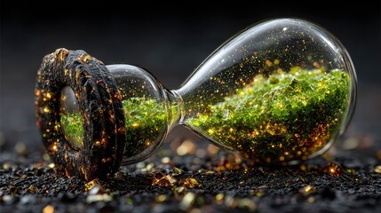 A simple, elegant hourglass, with the sand replaced by flowing, glowing particles of green energy, symbolizing sustainable time management