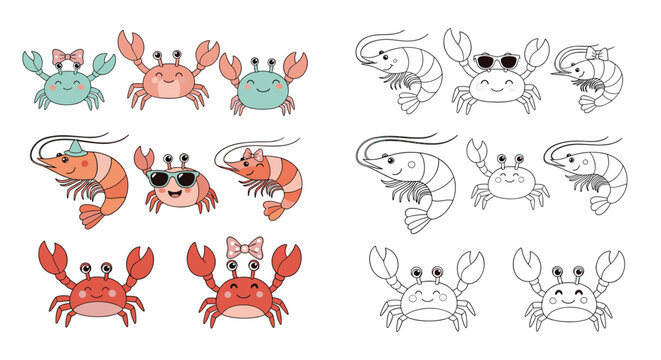 Naklejki Cute cartoon sea creatures including crabs and shrimp, in color and black and white line art.