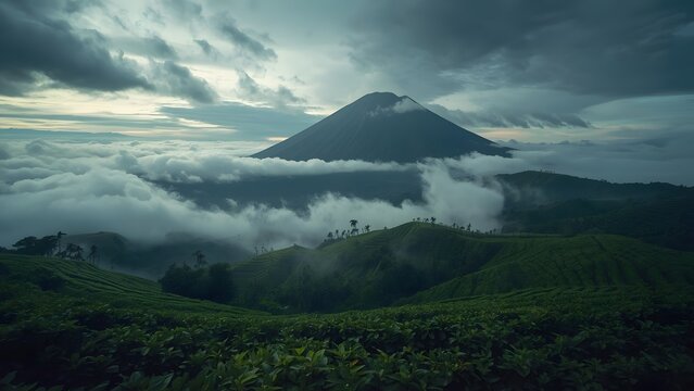 Ethereal mountain peaks piercing the clouds above verdant hillside landscape - Powered by Adobe