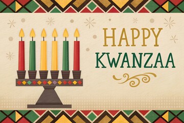 Happy Kwanzaa celebration with kinara candles and traditional african patterns