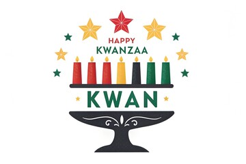 Festive happy kwanzaa celebration with kinara candles and stars on a white background