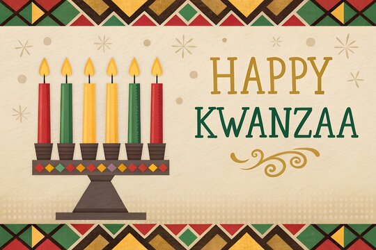 Happy Kwanzaa celebration with kinara candles and traditional african patterns
