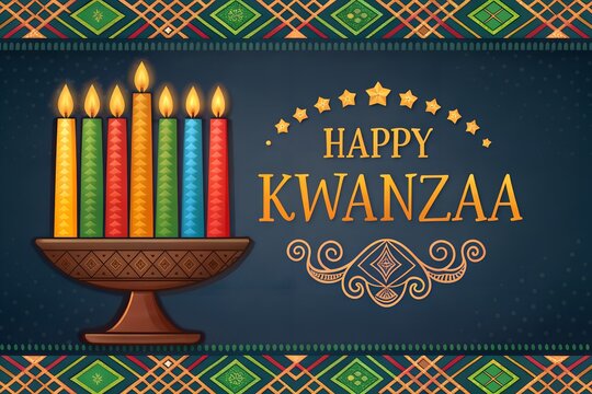Happy Kwanzaa celebration with kinara and candles on a dark blue background