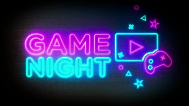 Neon game night sign displays controller and play button icons glowing brightly on a dark digital background.