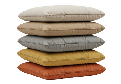 Stack of five square throw pillow cushions in different neutral and earthy fabric colors isolated on transparent background