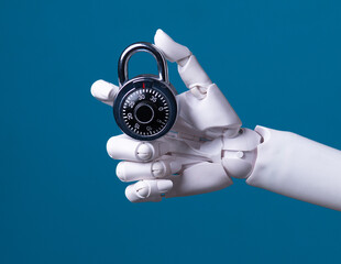 Security Control: AI Robotic Hand Grasping Combination Lock on Dark Blue Background