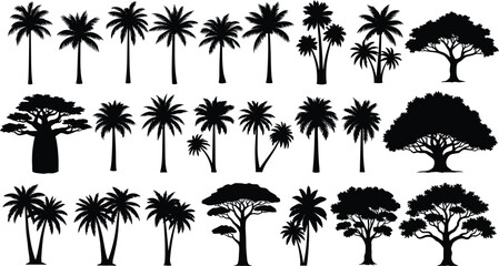 Extensive Tropical Tree Silhouettes Vector Set, Diverse Palm, Baobab, and Savanna Acacia Trees, Exotic Nature Collection, Detailed Foliage Shapes, Isolated Forest Elements, 