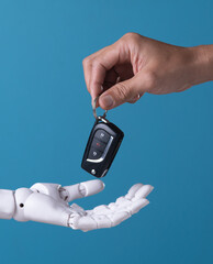 Future of Mobility: Human Handing Car Keys to Robot Hand, Symbolizing AI Takeover