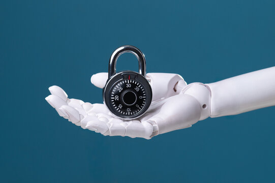 Next Gen Data Protection: Robotic Arm Holding Code Lock, Symbol of Access Control