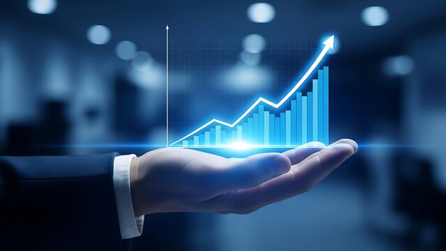 Hand holding holographic graph displaying business growth and financial success