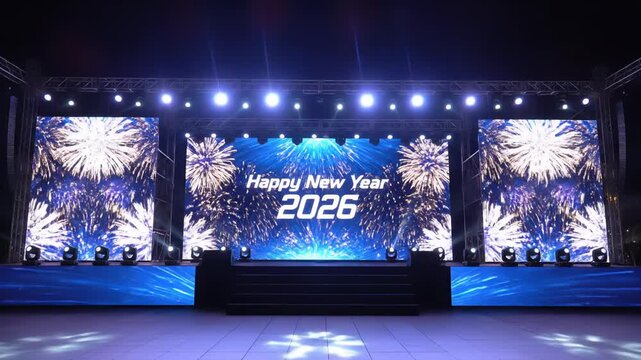 A large outdoor concert stage set up for a New Year's Eve celebration, featuring large LED screens displaying a vibrant fireworks show and the text 'Happy New Year 2026'.