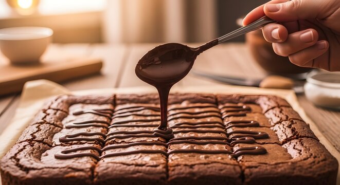 Hand drizzling melted chocolate sauce over a tray of freshly baked brownies cut into squares on a wooden table.