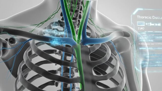 Animated 3D visualization of the human thoracic duct lymphatic drainage pathway, showing key anatomical structures.