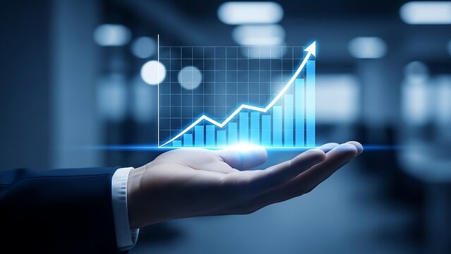 Hand holding holographic graph showing business growth and financial success