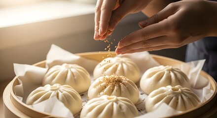 Hands sprinkling sesame seeds on a bamboo steamer filled with freshly prepared, fluffy steamed buns, ready to be served.