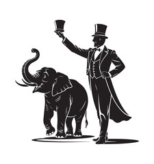 Vintage Circus Ringmaster and Elephant Silhouette Art.