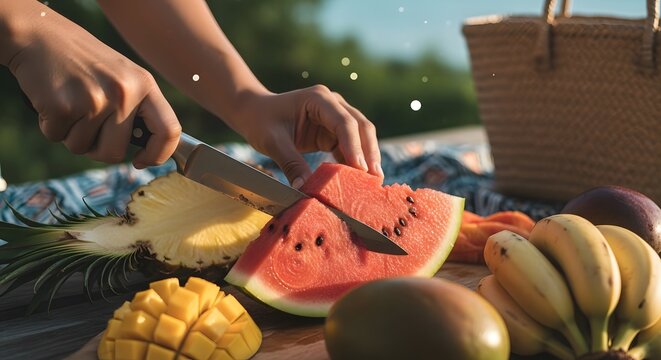 Close-up shot of hands slicing watermelon on a wooden board with various fruits.