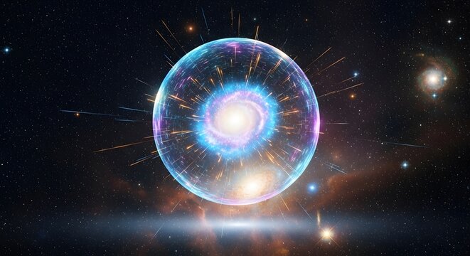Illustration of conceptual illustration of a glowing, spherical cosmic event or energy sphere expanding in deep space against a starry background