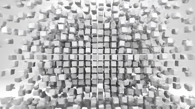 Abstract Cube Explosion: An abstract composition of numerous small cubes seems to burst outwards from a central point, creating a dynamic visual effect. 