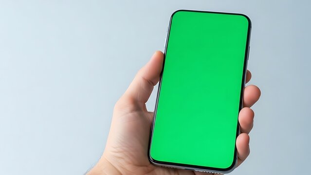 Hand holding smartphone with green screen for app or website mockup insertion - Powered by Adobe