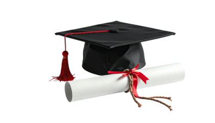 Grad cap and diploma with red ribbon