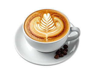 Latte art in white mug, coffee beans on saucer, clean shot