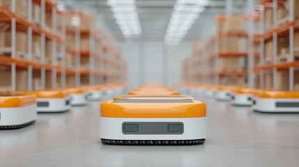 A row of autonomous robots with orange accents in a warehouse, designed for efficient logistics and inventory management.