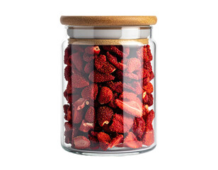 Jar of dried strawberries with a wooden lid