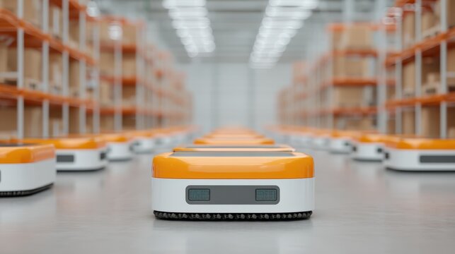 A row of autonomous robots with orange accents in a warehouse, designed for efficient logistics and inventory management.
