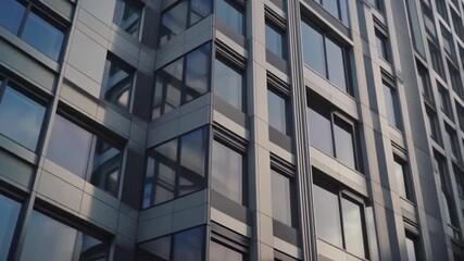 Modern building facade with reflective windows and geometric design.