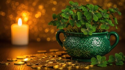 A pot of shamrocks sits on gold coins with a lit candle in the background, creating a festive St. Patrick's Day scene.