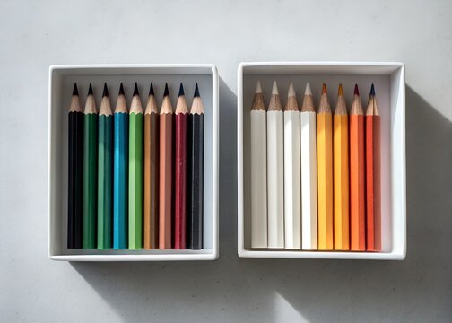 Two boxes of colored pencils arranged in a gradient on a gray background