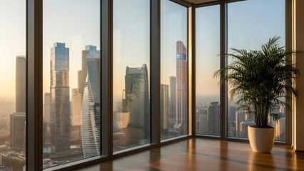 Interior view of a modern office space with large windows overlooking a cityscape at sunset. Plant in a pot sits near the window.