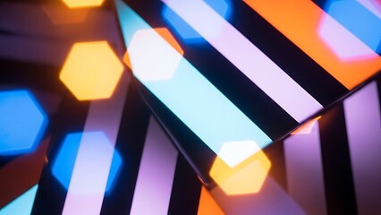 Striking diagonal stripes in dark and light colors are overlaid with colorful hexagonal bokeh lights