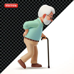 Grandpa with a sore waist walks with a cane, 3D vector. Good for health