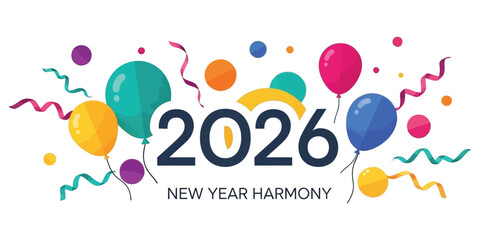 Vibrant 2026 New Year celebration graphic, featuring colorful balloons, festive confetti, and flowing streamers, symbolizing a joyful and harmonious beginning