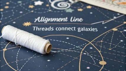 Creative depiction of alignment line design illustrating threads connecting galaxies on a dark starry background