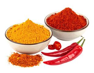 Spices in bowls with chili peppers