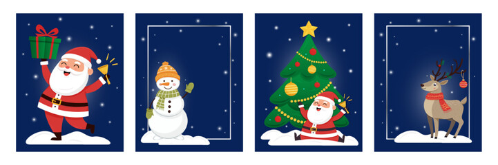 Christmas greeting cards featuring Santa Claus, snowmen, Christmas trees, and reindeer, with space for text