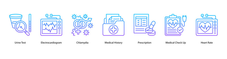 Diagnostic and Vital Tracking web banner with Urine Test, Electrocardiogram, Chlamydia, Medical History, Prescription, Medical Check Up, and Heart Rate to support active health monitoring.