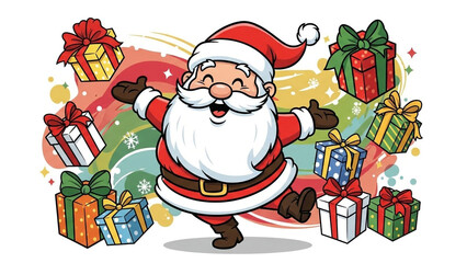 Cheerful Santa Claus dancing with colorful gifts, spreading joy and holiday cheer for festive Christmas celebrations and heartwarming moments
