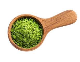 Matcha powder in a wooden spoon, close-up view