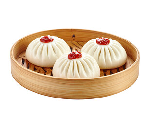 Steamed buns with red topping in bamboo steamer