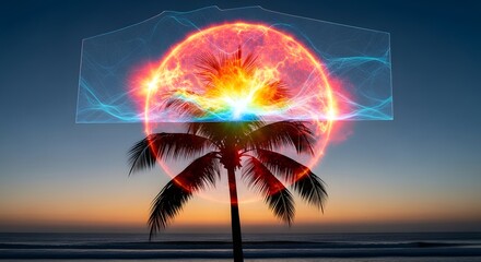Illustration of silhouette of a palm tree against a vibrant sunset with an abstract glowing energy sphere overlay