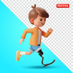 Teenage boy running on one leg using a metal prosthetic leg, 3D vector. Suitable for health.