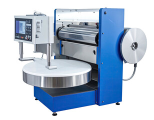 Blue metal machine with round platform & control panel