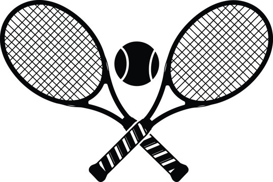 Monochrome vector graphic of two crossed tennis rackets and a ball, symbolizing sports competition, athletic activity, leisure, championship, training, and tennis club emblem design.