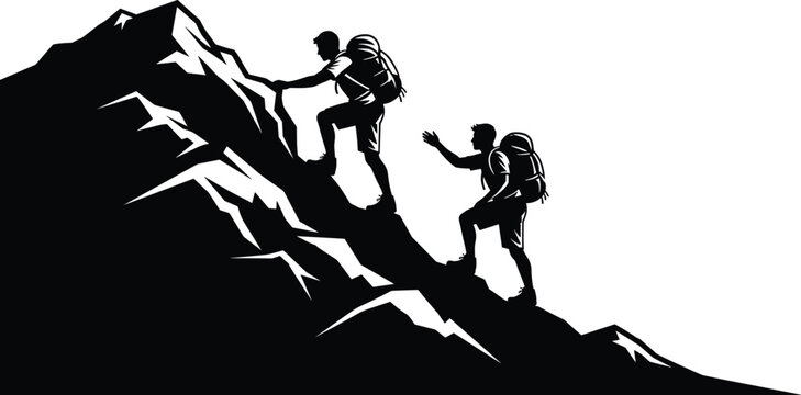 Monochrome vector silhouette of two men climbing a steep mountain peak, showing teamwork, adventure, mountaineering, hiking, challenge, and determination concepts in outdoor sport.