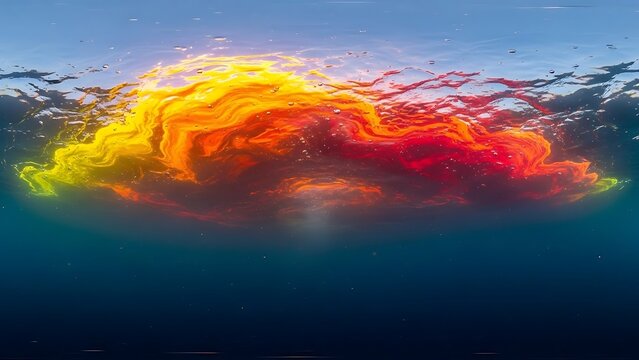 Vibrant explosion of colorful ink cloud swirling deep in the blue ocean water